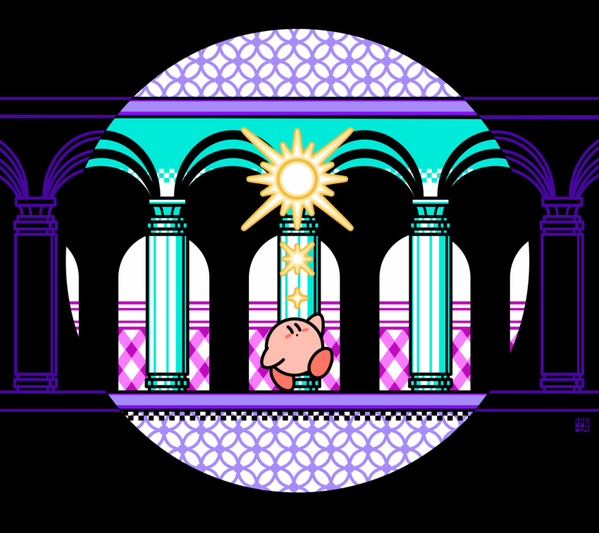 black_eyes blush_stickers dot_mouth highres kirby kirby's_dream_land kirby_(series) no_humans pillar sasakinao solid_oval_eyes solo sparkle spotlight standing standing_on_one_leg