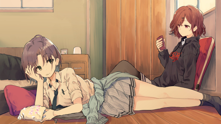 2girls asakura_tooru bag_of_chips bangs black_legwear black_sweater breasts brown_eyes brown_hair cellphone chips closed_mouth clothes_around_waist collared_shirt commentary_request drawstring earrings eyebrows_visible_through_hair food food_in_mouth food_on_face grey_skirt hair_between_eyes highres higuchi_madoka holding holding_phone idolmaster idolmaster_shiny_colors indoors jewelry knee_up lying mieharu mole mole_under_eye mouth_hold multiple_girls no_shoes on_side pantyhose parted_bangs phone pillow pleated_skirt potato_chips shirt short_sleeves sitting skirt small_breasts socks sweater violet_eyes white_shirt window wooden_floor