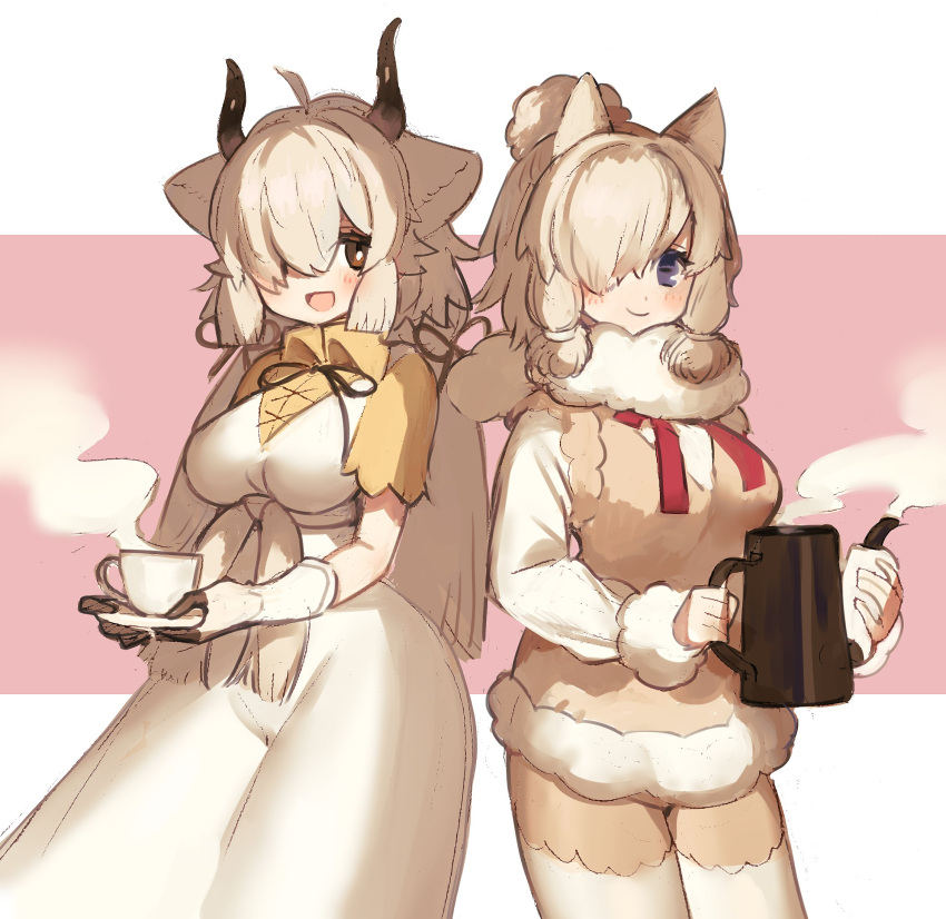 2girls alpaca_ears alpaca_girl alpaca_suri_(kemono_friends) animal_ears beige_shorts beige_vest blue_eyes bow brown_eyes brown_gloves brown_neckwear collared_shirt commentary_request cowboy_shot cup dress eyebrows_visible_through_hair fur_collar fur_trim gloves hair_bow hair_bun hair_over_one_eye hair_tubes highres kemono_friends long_dress long_hair long_sleeves multiple_girls neck_ribbon noamem ox_ears ox_girl ox_horns pantyhose red_neckwear ribbon shirt short_hair short_sleeves steam sweater teacup teapot white_dress white_fur white_gloves white_hair white_legwear white_sweater yak_(kemono_friends) yellow_shirt