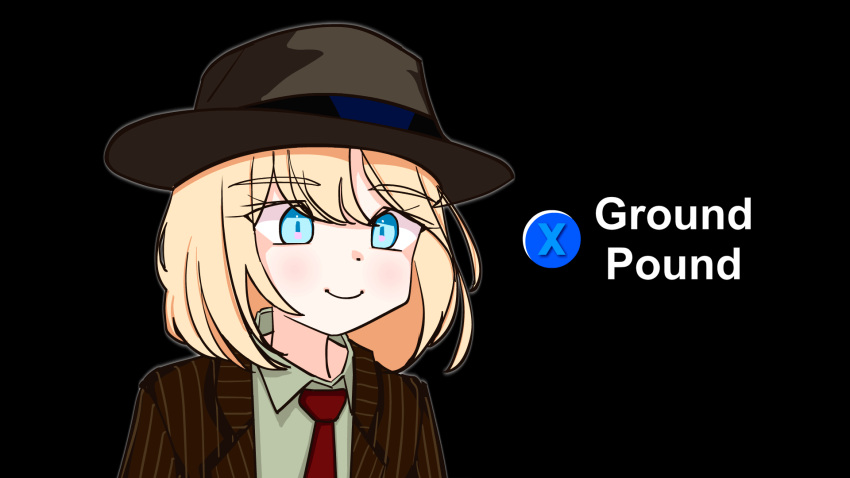 1girl black_background blonde_hair blue_eyes buttons clay_(claystate) cole_phelps cole_phelps_(cosplay) collared_shirt cosplay english_commentary english_text eyebrows_visible_through_hair fedora formal hat highres hololive hololive_english l.a._noire meme necktie parody red_neckwear shirt short_hair smile solo suit upper_body virtual_youtuber watson_amelia
