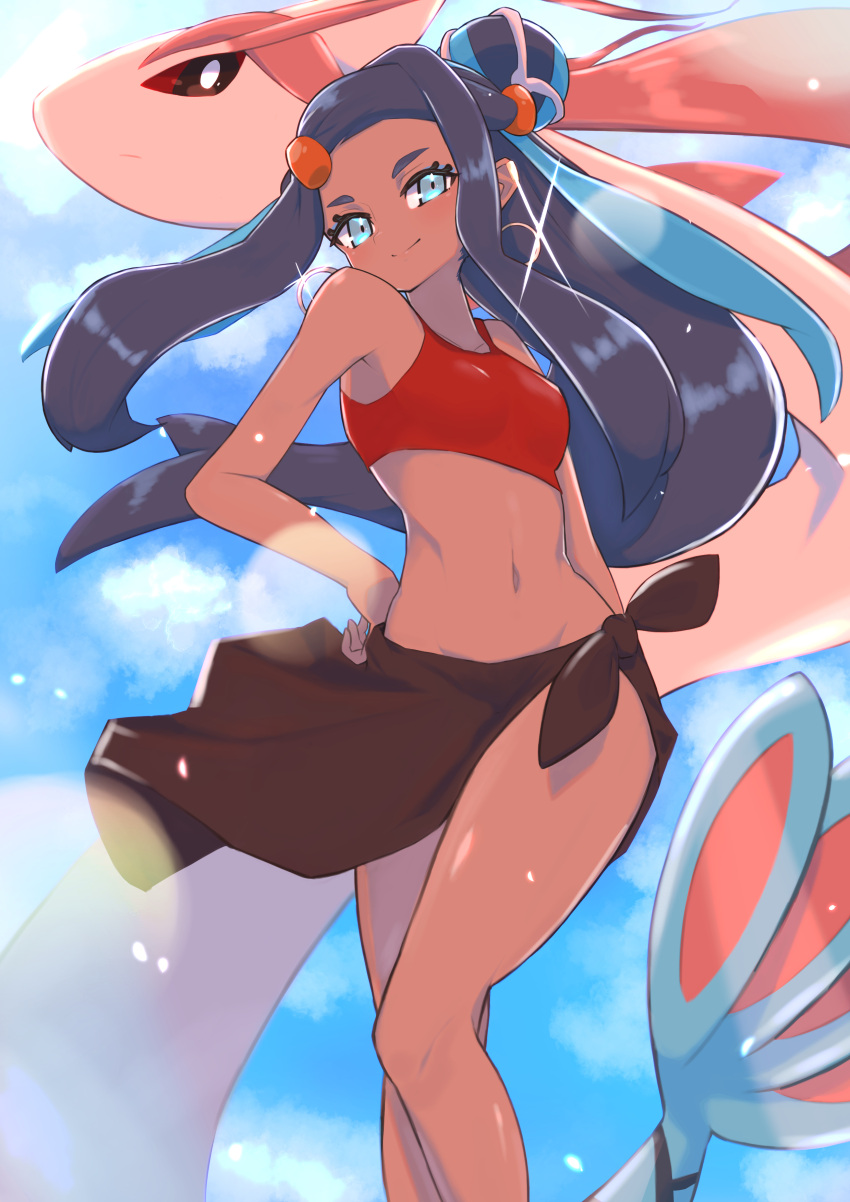 1girl absurdres alternate_costume aqua_eyes bare_arms bare_legs bare_shoulders black_hair blue_hair blush breasts brown_eyes closed_mouth commentary_request day earrings feet_out_of_frame gen_3_pokemon glint hair_bun hand_on_hip highres hoop_earrings jewelry lens_flare long_hair looking_at_viewer milotic multicolored_hair navel nessa_(pokemon) nuneno outdoors pokemon pokemon_(creature) pokemon_(game) pokemon_swsh sarong sidelocks small_breasts smile sports_bra standing stomach thighs two-tone_hair very_long_hair