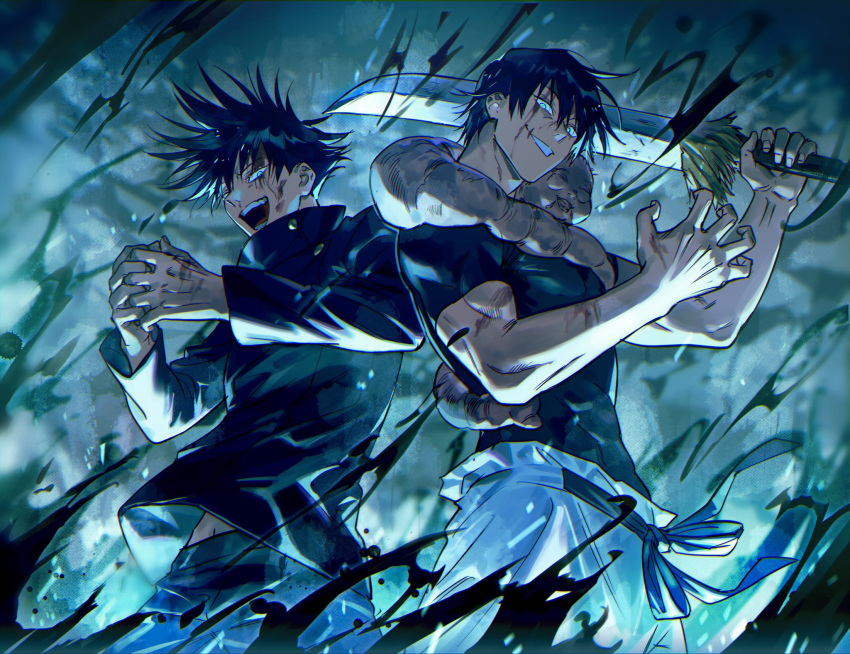 2boys :d bangs belt bikkusama black_belt black_hair black_jacket black_pants black_shirt blood blood_on_face blue_background blue_eyes commentary_request cowboy_shot dirty dirty_face father_and_son fushiguro_megumi fushiguro_touji gakuran hair_between_eyes hands_clasped hands_up high_collar highres holding holding_sword holding_weapon injury jacket jujutsu_kaisen long_sleeves looking_at_viewer male_focus monster multiple_boys open_mouth over_shoulder own_hands_together pants scar scar_on_face school_uniform shirt short_hair short_sleeves smile spiky_hair standing sword teeth weapon weapon_over_shoulder white_pants