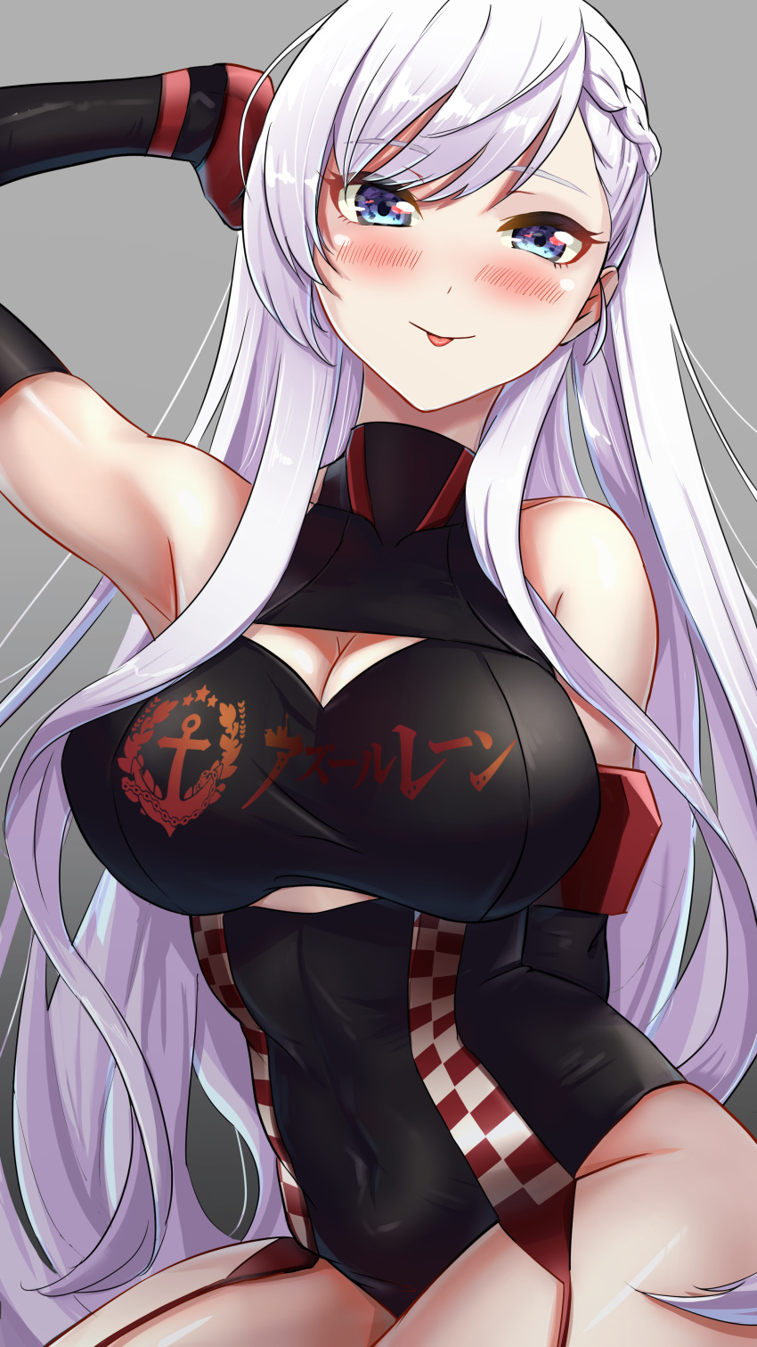 1girl absurdres arm_up azur_lane bare_shoulders belfast_(azur_lane) blue_eyes blush braid breasts cleavage_cutout clothing_cutout commentary_request copyright_name cosplay duke_of_york_(azur_lane) duke_of_york_(azur_lane)_(cosplay) duke_of_york_(prestige_of_the_glorious_formula)_(azur_lane) eyebrows_visible_through_hair garter_straps hand_on_own_head highres large_breasts long_hair marumai racequeen silver_hair tongue tongue_out upper_body