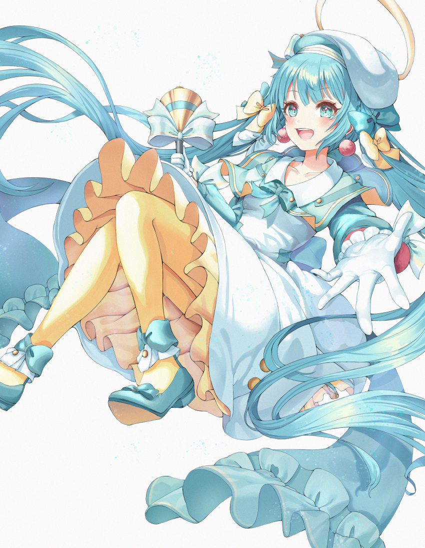 1girl :d absurdres aqua_bow aqua_dress aqua_eyes aqua_footwear aqua_gloves aqua_hair blush bow dress earrings eyebrows_visible_through_hair gloves hair_bow handbell hat hatsune_miku highres jewelry kinyouny long_sleeves multicolored multicolored_clothes multicolored_dress open_mouth pantyhose pinafore_dress sidelocks simple_background skirt smile solo twintails vocaloid white_background yellow_bow yellow_legwear yellow_skirt