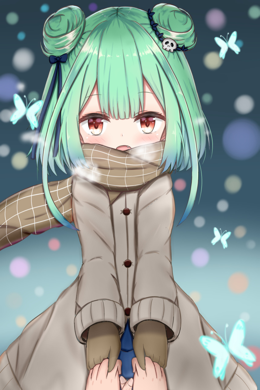 1girl :o absurdres bangs blue_bow blush bow breath brown_coat brown_gloves brown_scarf bug butterfly coat commentary_request double_bun eyebrows_visible_through_hair fang gloves green_hair hair_bow hair_ornament highres holding_hands hololive insect jiu_(sdesd3205) long_sleeves looking_at_viewer open_mouth red_eyes scarf skull_hair_ornament solo_focus uruha_rushia virtual_youtuber