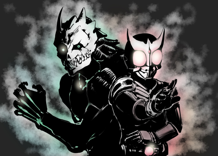 2boys armor belt commentary crossover fighting_stance full_armor gloves glowing glowing_eye godai_yuusuke green_eyes greyscale helmet hibino_kafka highres horns kaijuu_no._8 kamen_rider kamen_rider_kuuga kamen_rider_kuuga_(series) looking_at_viewer male_focus mask monochrome monster_boy multiple_boys pose red_eyes shoulder_armor smoke spot_color teeth ueyama_michirou upper_body