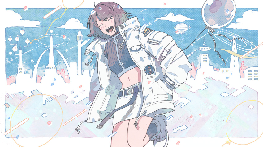 1girl aircraft balloon belt blue_sky border closed_eyes clouds dirigible drawstring hands_in_pockets highres jacket junngoro leg_up navel open_mouth original outside_border shadow shoes short_hair skirt sky solo white_border white_footwear white_jacket white_skirt