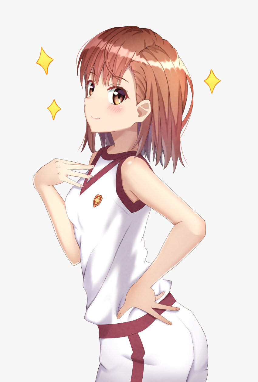 1girl absurdres bangs blush breasts brown_eyes brown_hair closed_mouth from_side gym_uniform hand_on_hip highres leaning_forward medium_hair mimori_(mimori_05) misaka_mikoto pants shiny shiny_hair shiny_skin shirt sleeveless sleeveless_shirt small_breasts smile solo standing to_aru_majutsu_no_index white_background white_pants white_shirt