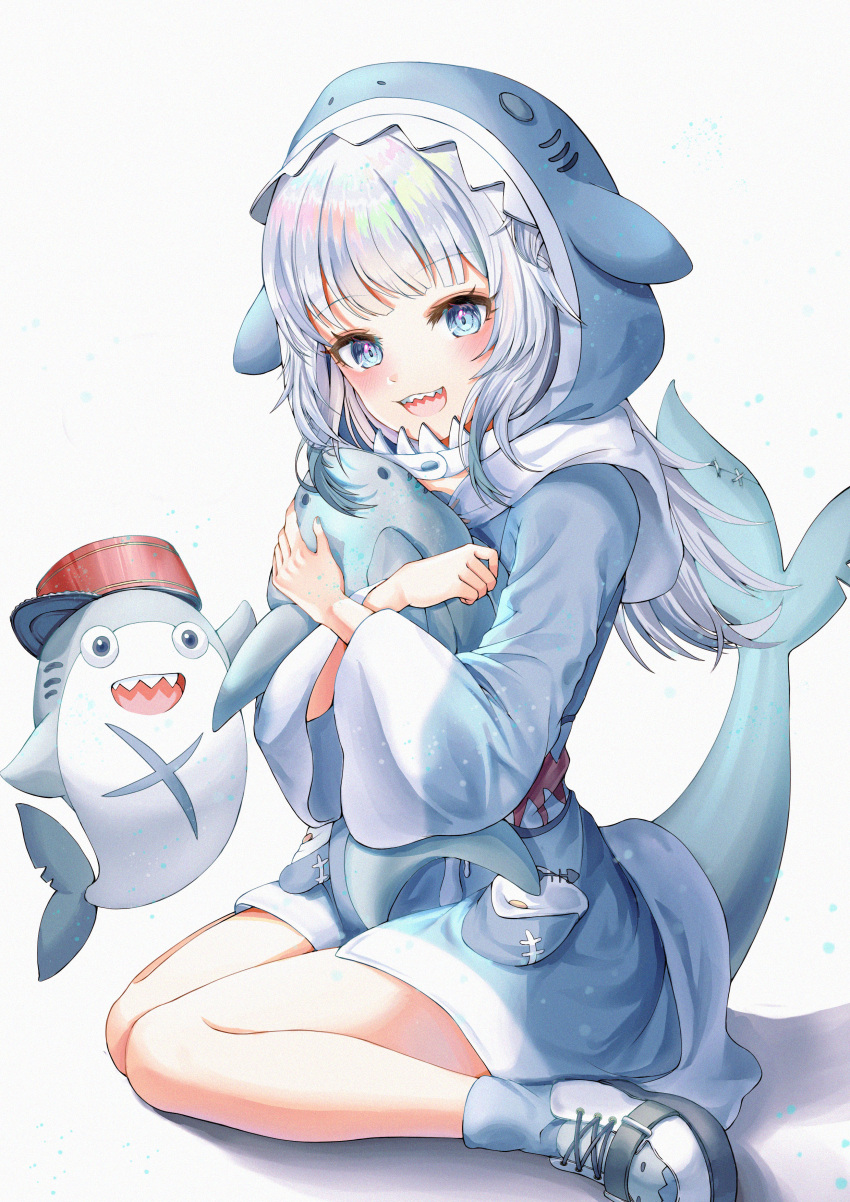 1girl :d absurdres animal_costume animal_hood blue_eyes blue_hair blue_hoodie blue_nails blush doll_hug eyebrows_visible_through_hair fish_tail gawr_gura highres hololive hololive_english hood hoodie kinyouny legs medium_hair no_pants open_mouth seiza shark_costume shark_hood shark_tail shoes sidelocks simple_background sitting smile solo tail teeth thighs virtual_youtuber white_background white_hair