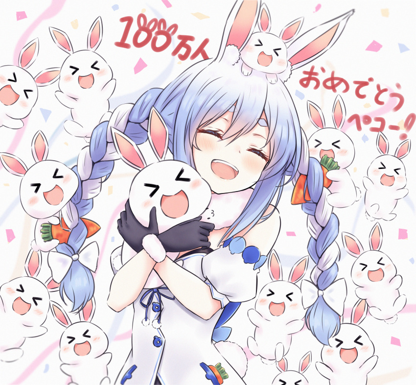 &gt;_&lt; 1girl :d absurdres animal animal_ears animal_on_head blue_eyes blue_hair braid carrot cheering confetti congratulations don-chan_(usada_pekora) dress highres holding holding_animal hololive hug huge_filesize laughing long_hair multicolored_hair nousagi_(usada_pekora) on_head open_mouth pikao rabbit rabbit_ears sidelocks smile solo_focus twin_braids two-tone_hair usada_pekora virtual_youtuber white_background white_dress xd