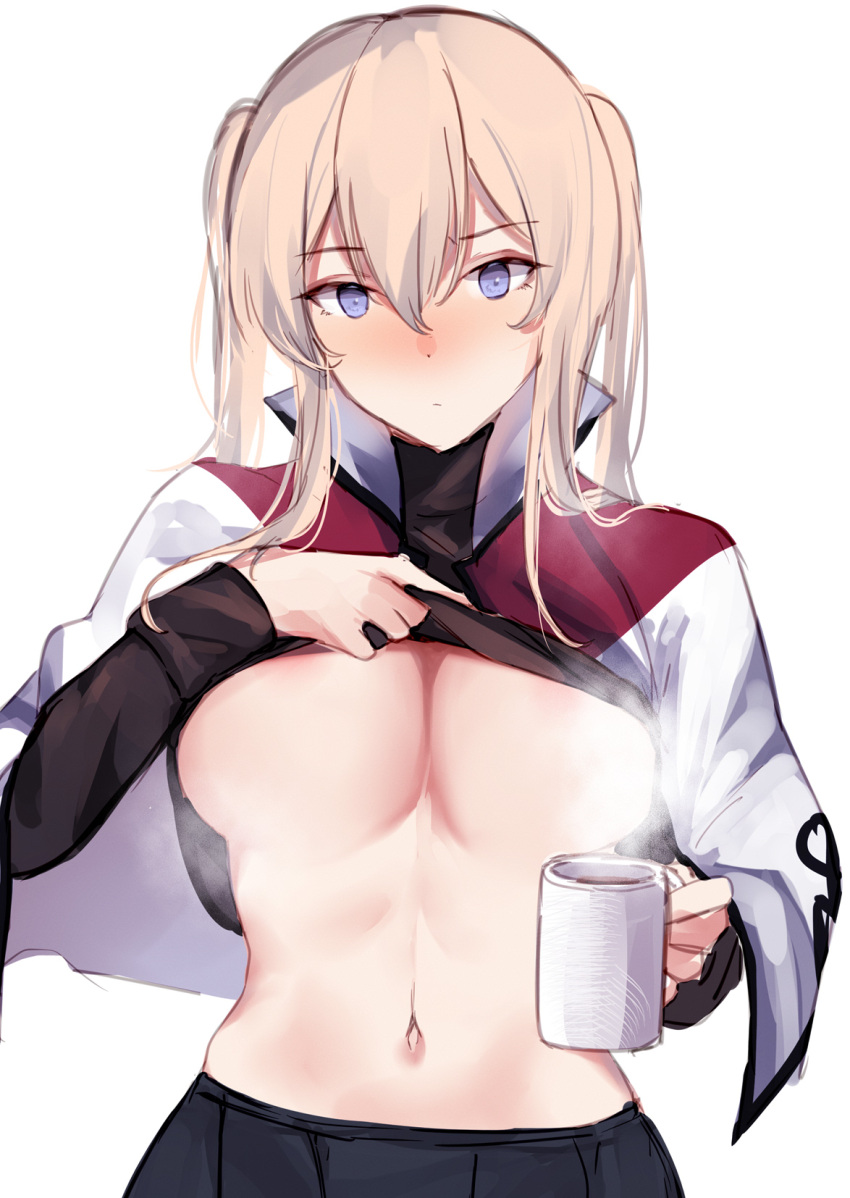 1girl bangs black_shirt black_skirt blonde_hair blush breasts capelet coffee_mug commentary_request cowboy_shot cup eyebrows_visible_through_hair graf_zeppelin_(kantai_collection) grey_eyes hair_between_eyes highres holding holding_cup kantai_collection large_breasts lifted_by_self long_hair long_sleeves looking_at_viewer military military_uniform miyasaka_miyabi mug navel shirt shirt_lift sidelocks simple_background skirt solo standing steam stomach tsurime twintails under_boob uniform white_background