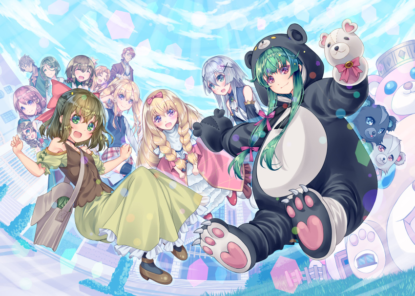 2boys 6+girls :d :o animal_costume animal_ears animal_hood animegao bag bear bear_costume blonde_hair blue_sky bow brown_hair character_request closed_eyes cosplay dress fina_(kuma_kuma_kuma_bear) green_dress green_hair hair_bow hair_ornament hair_ribbon hand_puppet handbag hatorisougo highres hood hood_up kigurumi kuma_kuma_kuma_bear kumakyuu_(kuma_kuma_kuma_bear) kumayuru_(kuma_kuma_kuma_bear) long_hair long_sleeves looking_at_viewer misaana_farrengram mother_and_daughter multiple_boys multiple_girls noire_foschurose open_mouth pink_dress puppet red_bow ribbon shia_foschurose shuri_(kuma_kuma_kuma_bear) sisters sky smile stuffed_animal stuffed_toy teddy_bear x_hair_ornament yuna_(kuma_kuma_kuma_bear)