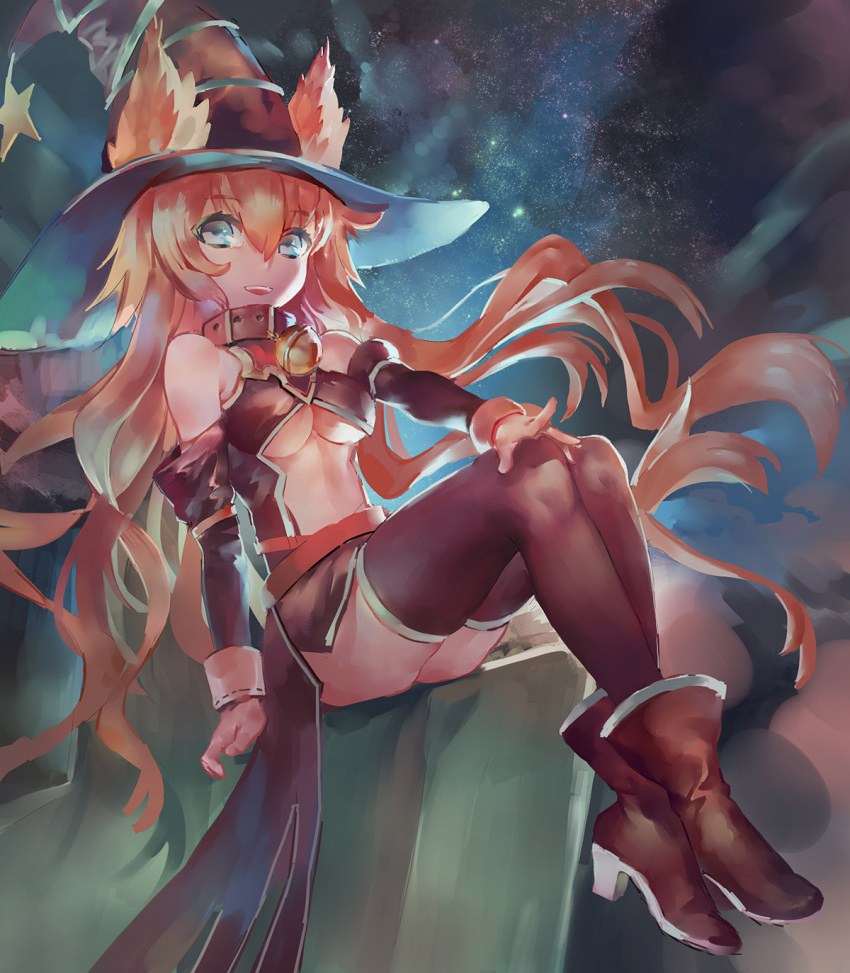 1girl :d animal_ears ankle_boots azomo bare_shoulders bell belt_collar blue_eyes boots breasts brown_legwear collar crossed_legs detached_sleeves ears_through_headwear floating_hair fox_ears hat high_heel_boots high_heels highres jingle_bell legs_together long_hair long_sleeves looking_at_viewer medium_breasts neck_bell open_mouth orange_hair original sitting sky smile solo star_(sky) starry_sky thigh-highs under_boob upper_teeth very_long_hair witch_hat