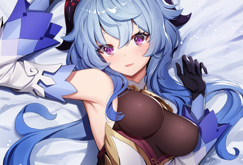 1girl ankkoyom arm_up armpits bare_shoulders bed_sheet black_gloves blue_hair bodystocking breasts detached_sleeves ganyu_(genshin_impact) genshin_impact gloves goat_horns gold_trim hand_up highres horns long_hair long_sleeves looking_at_viewer lying medium_breasts on_back open_mouth smile solo upper_body violet_eyes wavy_hair