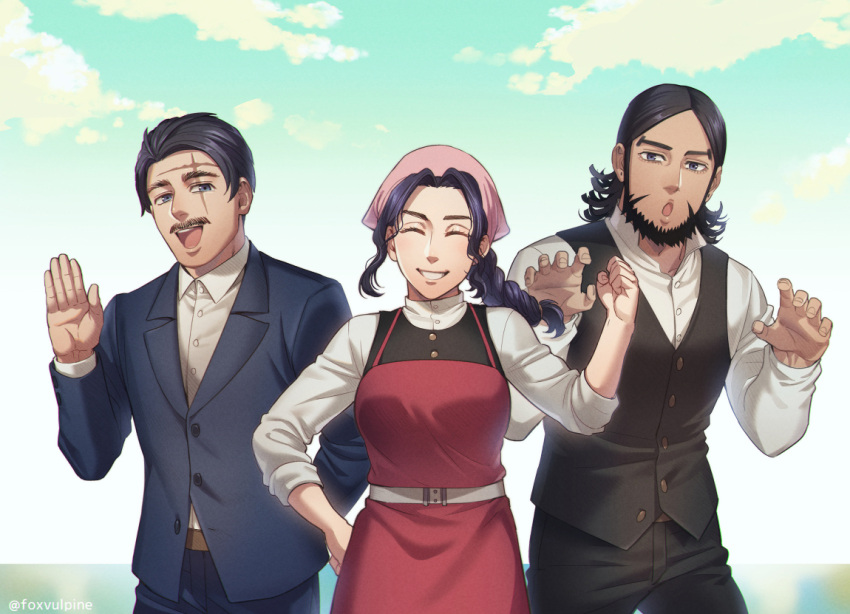 1girl 2boys :d :o apron beard black_eyes black_hair black_pants black_vest blue_eyes blue_suit braid braided_ponytail character_request claw_pose closed_eyes collared_shirt facial_hair foxvulpine golden_kamuy kiroranke long_hair looking_at_viewer multiple_boys mustache open_mouth pants red_apron scar_on_forehead shirt simple_background smile sofia_(golden_kamuy) vest waving white_shirt wilk_(golden_kamuy) younger