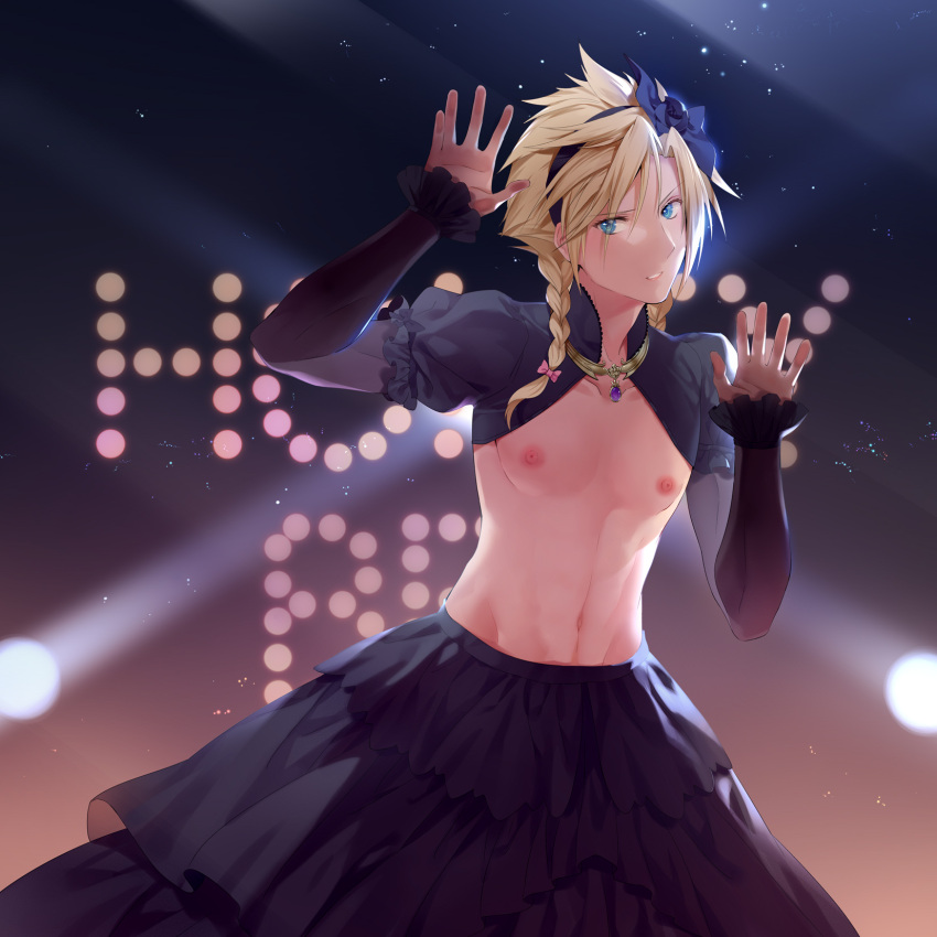 1boy asymmetrical_bangs bangs blonde_hair blue_bow blue_dress blue_eyes bow braid cloud_strife commentary_request cowboy_shot crossdressinging dress final_fantasy final_fantasy_vii final_fantasy_vii_remake hair_bow hairband hands_up highres hmniao jewelry long_hair looking_at_viewer male_focus navel necklace nipples parted_lips partially_undressed pectorals puffy_short_sleeves puffy_sleeves short_sleeves sidelocks solo spiky_hair spotlight toned toned_male twin_braids