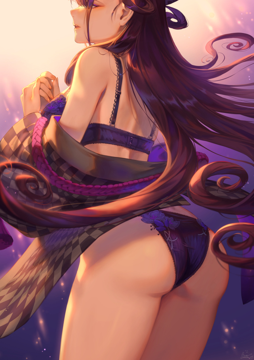 1girl ass back bangs bare_shoulders bra breasts brown_hair commentary_request fate/grand_order fate_(series) gradient gradient_background hair_between_eyes hair_ornament hand_up highres japanese_clothes kimono lace lace-trimmed_bra lace-trimmed_panties lace_trim large_breasts lingerie long_hair mashuu_(neko_no_oyashiro) murasaki_shikibu_(fate) navel off_shoulder panties parted_lips purple_bra purple_panties rope sidelocks thighs underwear very_long_hair violet_eyes