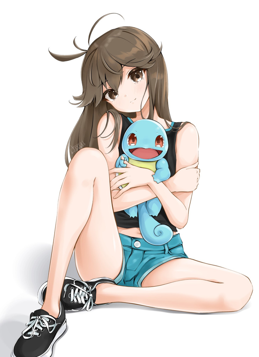 1girl :d antenna_hair black_footwear brown_eyes brown_hair chaesu full_body gen_1_pokemon green_(pokemon) head_tilt highres holding holding_pokemon light_smile long_hair looking_at_viewer midriff_peek navel open_mouth pokemon pokemon_(creature) pokemon_(game) pokemon_lgpe red_eyes shoes short_shorts shorts signature simple_background sitting sitting_on_floor smile sneakers squirtle symbol_commentary white_background