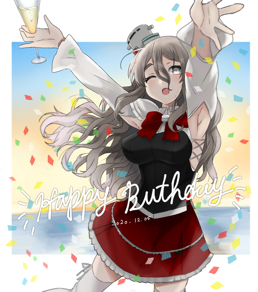1girl absurdres ahoge alcohol armpits arms_up bow bowtie brown_eyes commentary_request confetti corset cup dated drinking_glass eyebrows grey_hair hair_between_eyes happy_birthday hat highres holding holding_cup kantai_collection long_hair long_sleeves looking_at_viewer mini_hat miniskirt one_eye_closed open_mouth pola_(kantai_collection) red_bow red_neckwear red_skirt shirt skirt smile solo thick_eyebrows thigh-highs tilted_headwear toriniku_senshi_chikinman wavy_hair white_headwear white_legwear white_shirt wine wine_glass