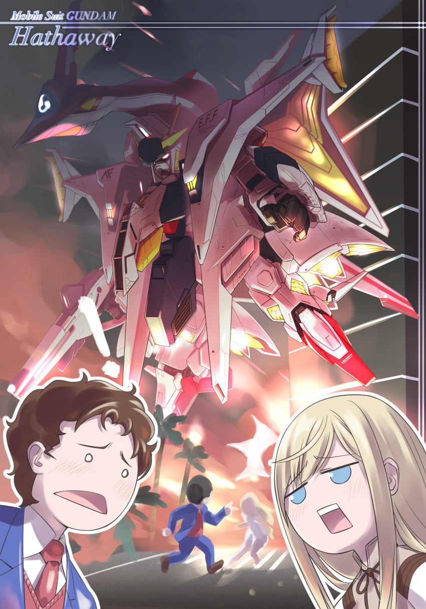1boy 1girl absurdres bangs blonde_hair blue_eyes blush brown_hair building chibi copyright_name cut-in explosion flying formal fune_(fune93ojj) gigi_andalusia gundam gundam_hathaway's_flash hair_behind_ear hathaway_noa highres long_hair mecha mobile_suit open_hand open_mouth palm_tree penelope_(hathaway's_flash) running science_fiction suit tree v-fin