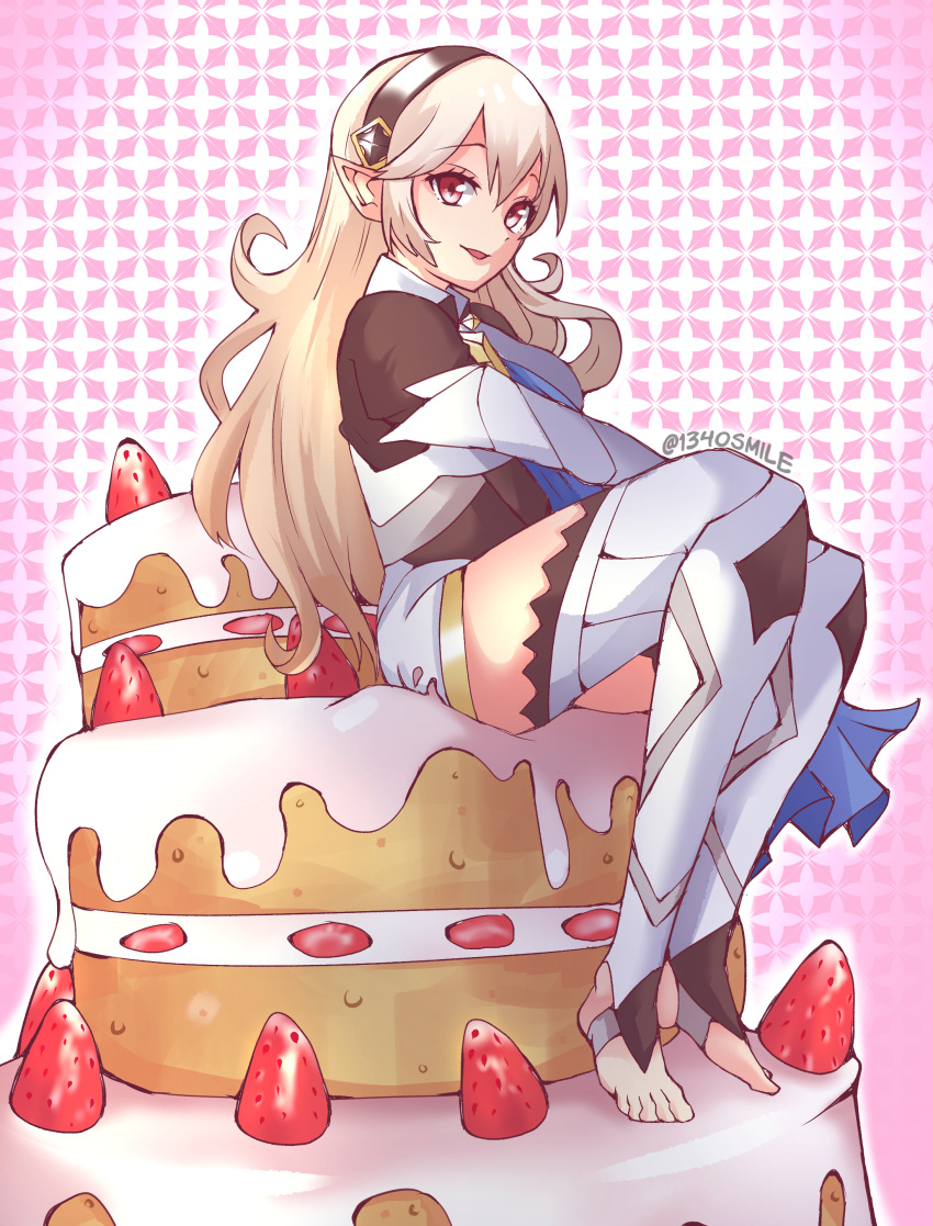 1340smile 1girl absurdres artist_name bangs barefoot black_hairband blonde_hair cake corrin_(fire_emblem) corrin_(fire_emblem)_(female) english_commentary eyebrows_visible_through_hair fire_emblem fire_emblem_fates food hairband happy_birthday highres long_hair looking_at_viewer open_mouth pointy_ears red_eyes sitting solo starwberry_shortcake thigh-highs