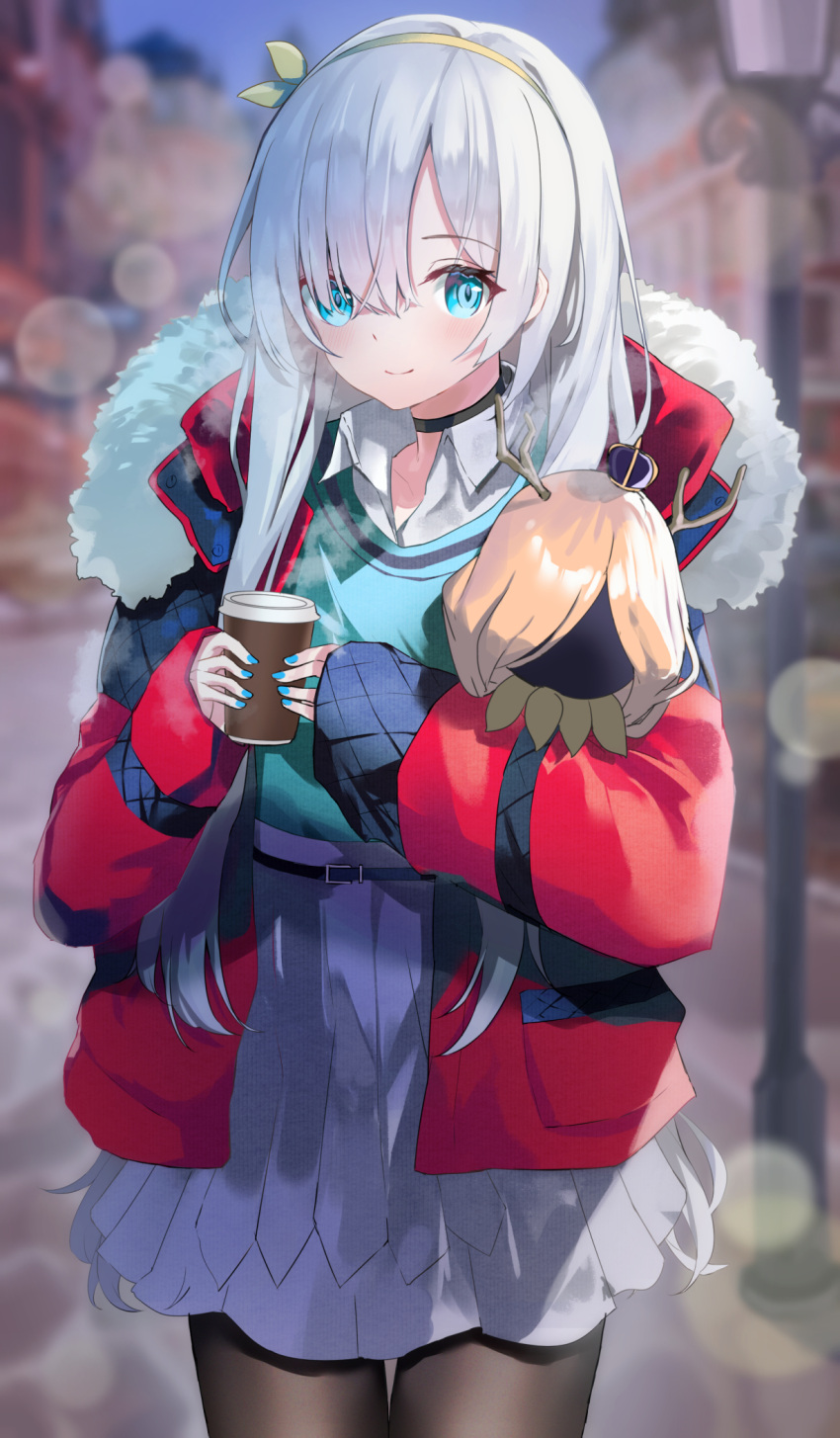 1girl anastasia_(fate) bangs belt blue_eyes blush breasts choker collared_shirt doll fate/grand_order fate_(series) fur_collar hair_over_one_eye highres holding holding_doll jacket long_hair long_sleeves looking_at_viewer medium_breasts red_jacket shirt silver_hair skirt tsukise_miwa viy white_headwear white_skirt