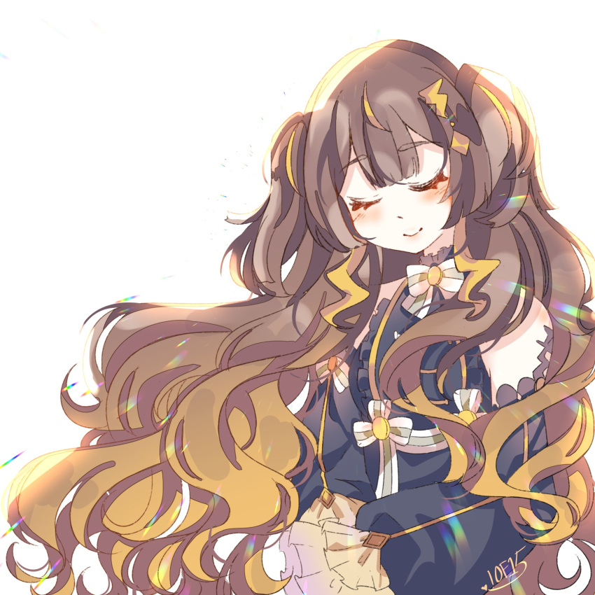 1girl airani_iofifteen_(artist) anya_melfissa bangs blonde_hair blunt_bangs brown_hair detached_sleeves floating_hair gradient_hair highres hololive hololive_indonesia long_hair multicolored_hair sleeping smile solo two_side_up very_long_hair virtual_youtuber white_background