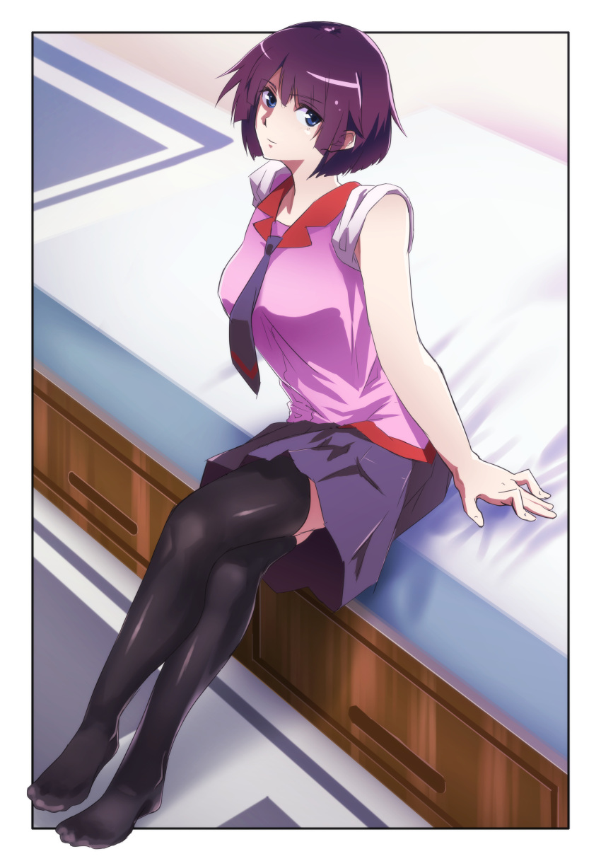 1girl absurdres bakemonogatari bangs border breasts collar commentary_request crossed_legs eyebrows_visible_through_hair eyelashes full_body highres legs looking_at_viewer medium_breasts monogatari_(series) naoetsu_high_school_uniform necktie no_shoes on_bed pink_shirt pleated_skirt purple_hair purple_neckwear purple_skirt red_collar remon_sooda school_uniform senjougahara_hitagi shiny shiny_clothes shiny_hair shiny_legwear shirt short_hair short_sleeves sidelocks sitting sitting_on_bed skirt sleeves_rolled_up solo thigh-highs white_border