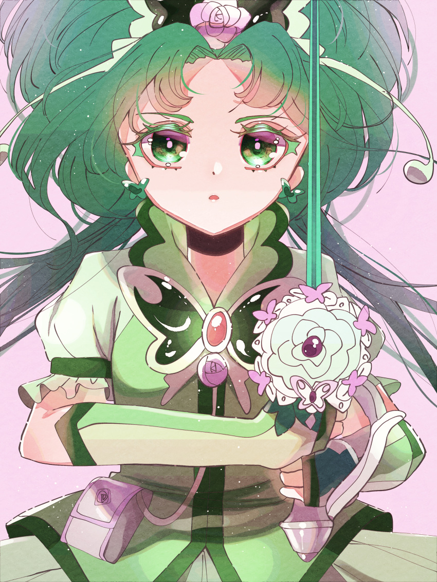 1girl absurdres akimoto_komachi arm_warmers bag beam_saber butterfly_brooch butterfly_hair_ornament cowboy_shot cure_fleuret cure_mint energy_sword eyebrows eyeshadow flower fukkatsu_no_maya green_eyes green_hair green_skirt green_vest hair_flower hair_ornament highres long_hair looking_at_viewer magical_girl makeup pink_background precure puffy_sleeves skirt solo sword vest weapon yes!_precure_5 yes!_precure_5_gogo!