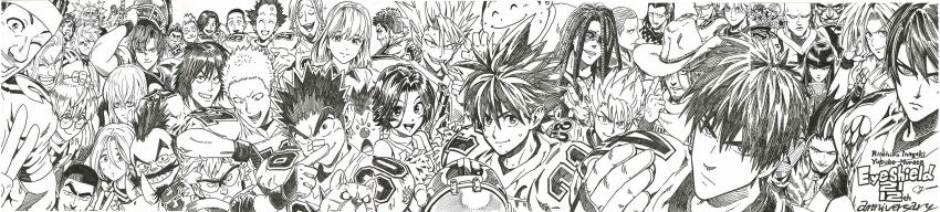 6+boys anniversary artist_name bangs beard blunt_bangs character_request closed_mouth everyone eyeshield_21 facial_hair football_helmet football_uniform glasses gloves greyscale grin headband helmet highres kobayakawa_sena long_hair long_image looking_at_viewer monochrome multiple_boys murata_yuusuke official_art scan short_hair smile spiky_hair sportswear sweat tagme teikoku_alexanders traditional_media wide_image