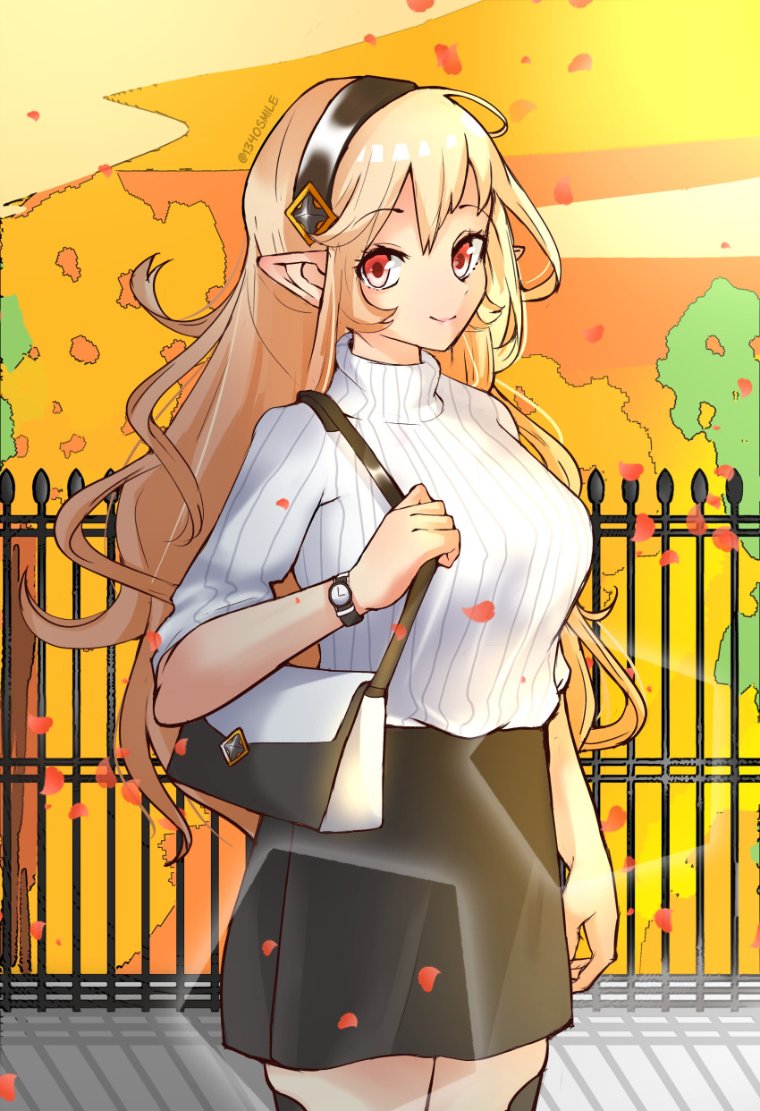 1340smile 1girl absurdres alternate_costume autumn bag black_hairband blonde_hair breasts casual contemporary corrin_(fire_emblem) corrin_(fire_emblem)_(female) cropped_legs english_commentary fence fire_emblem fire_emblem_fates hairband handbag highres large_breasts long_hair pointy_ears red_eyes ribbed_sweater solo standing sweater thigh-highs watch watch white_sweater