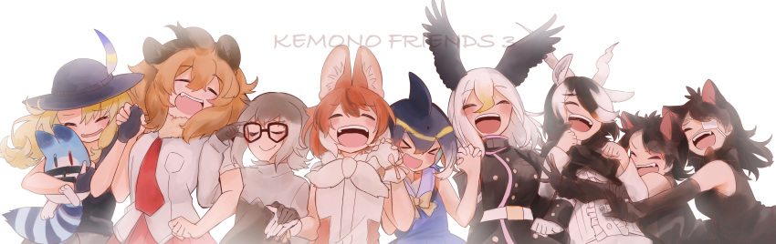6+girls =_= absurdres adjusting_eyewear animal_ears antelope_ears antelope_horns australian_devil_(kemono_friends) bald_eagle_(kemono_friends) big_hair bird_wings black_hair blackbuck_(kemono_friends) blonde_hair blue_hair blush brown_hair calenda_(kemono_friends) carrying cat_girl closed_eyes common_dolphin_(kemono_friends) copyright_name dhole_(kemono_friends) dog_ears dog_girl dorsal_fin elbow_gloves extra_ears eyebrows_visible_through_hair eyepatch facing_viewer fang furrowed_eyebrows glasses glomp gloves grey_hair hair_between_eyes hair_over_one_eye happy hat hat_feather head_wings height_difference highres holding_hands horns hug isobee jacket kemono_friends kemono_friends_3 laughing lion_(kemono_friends) lion_ears lion_girl long_hair long_sleeves lucky_beast_(kemono_friends) medical_eyepatch medium_hair meerkat_(kemono_friends) meerkat_ears multicolored_hair multiple_girls orange_hair shirt short_sleeves side-by-side sleeveless sweater tasmanian_devil_(kemono_friends) tasmanian_devil_ears two-tone_hair upper_teeth white_hair wings |d