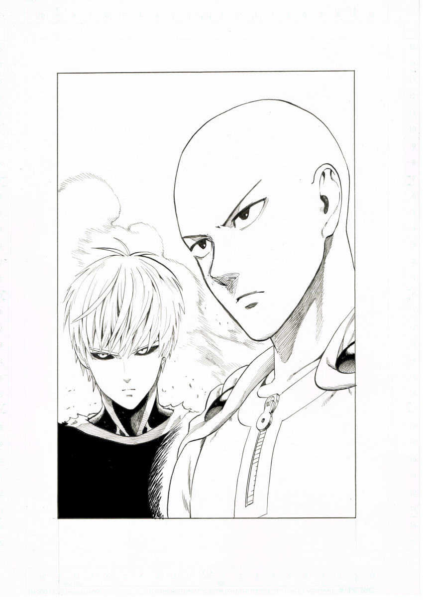 2boys absurdres bald bodysuit border cape closed_mouth genos greyscale highres monochrome multiple_boys murata_yuusuke official_art one-punch_man saitama_(one-punch_man) sanpaku short_hair white_border