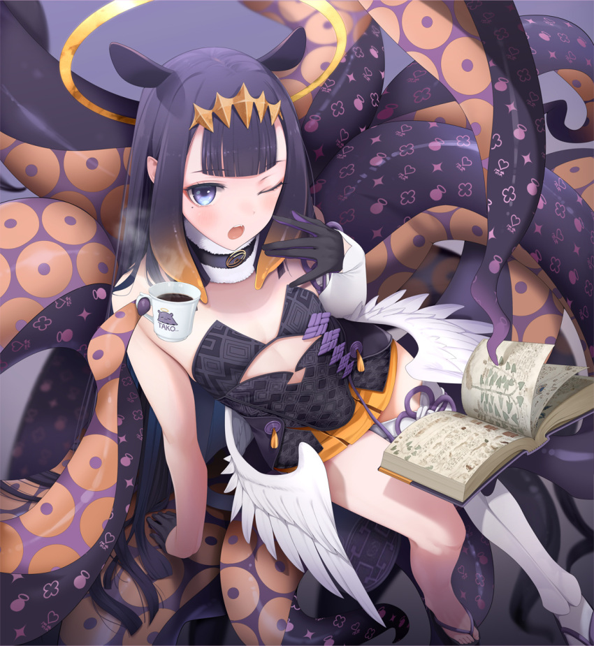 1girl :o arm_support bangs bare_shoulders black_gloves blue_eyes blunt_bangs blush book clover_print coffee coffee_mug cup cutout_below_navel detached_collar detached_sleeves diamond_(symbol) eyebrows_visible_through_hair fang feathered_wings fed_(giba) flat_chest from_above fur_collar geta gloves hair_ornament half_gloves halo heart heart_print highres hololive hololive_english long_hair looking_at_viewer mole mole_under_eye mug multicolored_hair ninomae_ina'nis one_eye_closed open_book open_mouth open_toe_shoes pleated_skirt purple_background simple_background single_sleeve single_thighhigh sitting skirt solo tentacles thigh-highs two-tone_hair upper_teeth virtual_youtuber voynich_manuscript white_legwear wings yawning yellow_skirt