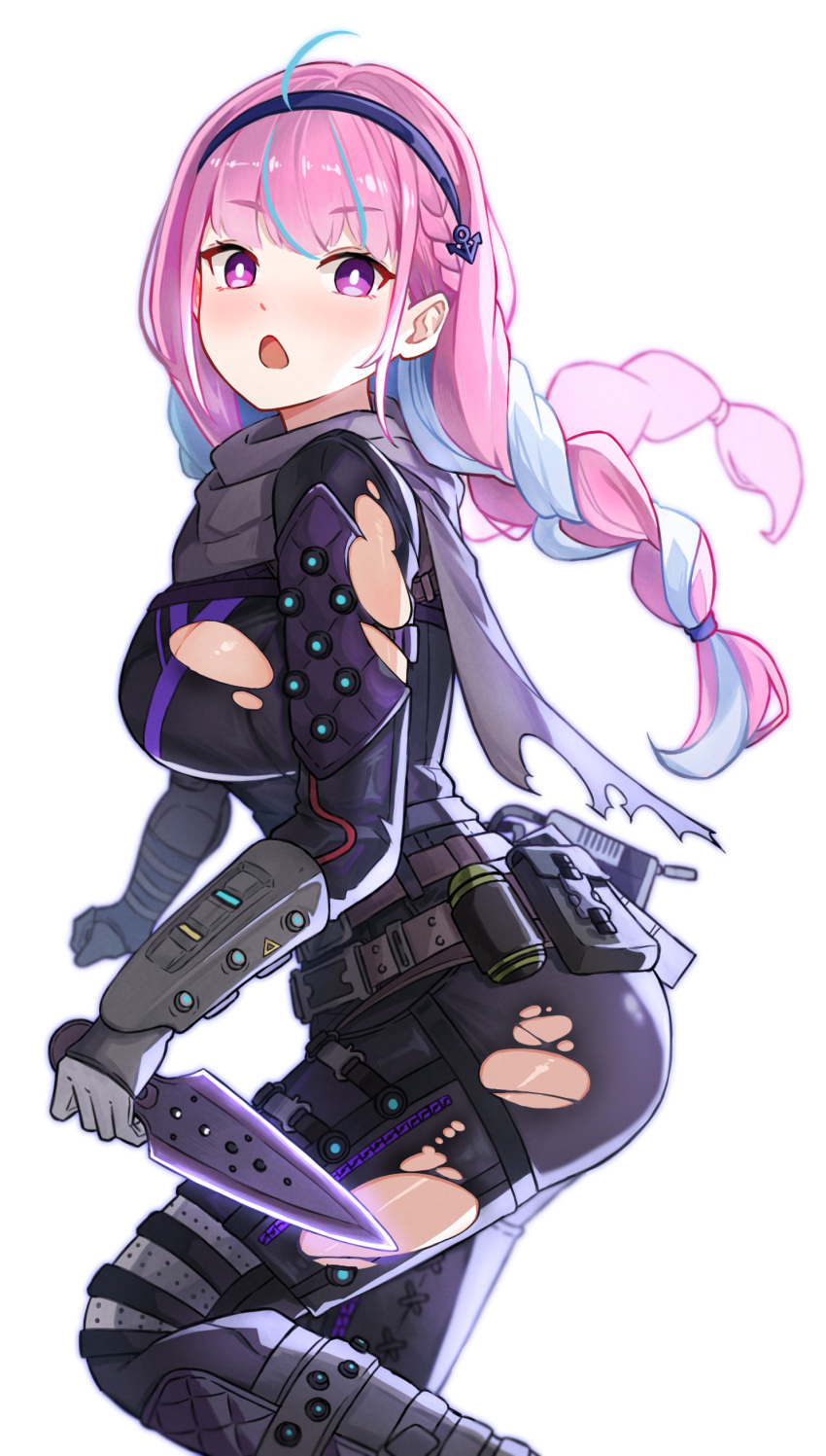 1girl :o absurdres apex_legends bangs battle_belt belt blush bodysuit braid breasts chestnut_mouth cowlick crossover eyebrows_visible_through_hair gloves grey_gloves grey_scarf hair_tie highlights highres hololive kunai long_hair looking_at_viewer medium_breasts minato_aqua multicolored_hair nuebunny open_mouth pouch scarf sideboob simple_background solo torn_bodysuit torn_clothes twin_braids twintails two-tone_hair violet_eyes virtual_youtuber weapon white_background wraith_(apex_legends)