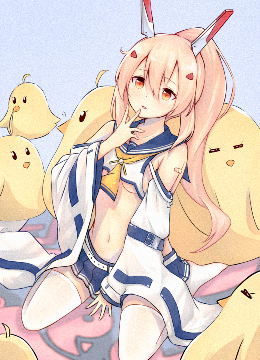 1girl absurdres ayanami_(azur_lane) azur_lane bandaid bandaid_on_arm belt bird breasts chick collarbone commentary_request detached_sleeves finger_to_mouth hair_ornament hairclip headgear highres kokoro_mokoromo long_hair looking_at_viewer manjuu_(azur_lane) midriff navel orange_eyes parted_lips platinum_blonde_hair pleated_skirt ponytail retrofit_(azur_lane) sakura_empire_(emblem) school_uniform serafuku simple_background sitting skirt thigh-highs under_boob wariza white_legwear wide_sleeves zettai_ryouiki