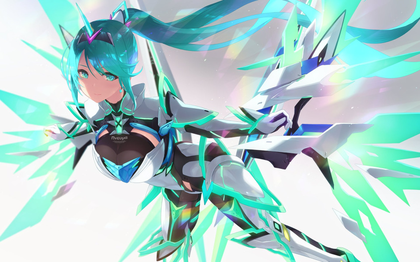 1girl armor armored_bodysuit bangs blush bodysuit breasts cait_aron detached_wings earrings energy_wings floating_hair gem gloves hair_ornament headpiece highres jewelry large_breasts leaning_forward light_particles long_hair looking_at_viewer neon_trim nintendo pneuma_(xenoblade) ponytail sidelocks smile solo swept_bangs tiara very_long_hair wings xenoblade_chronicles_(series) xenoblade_chronicles_2