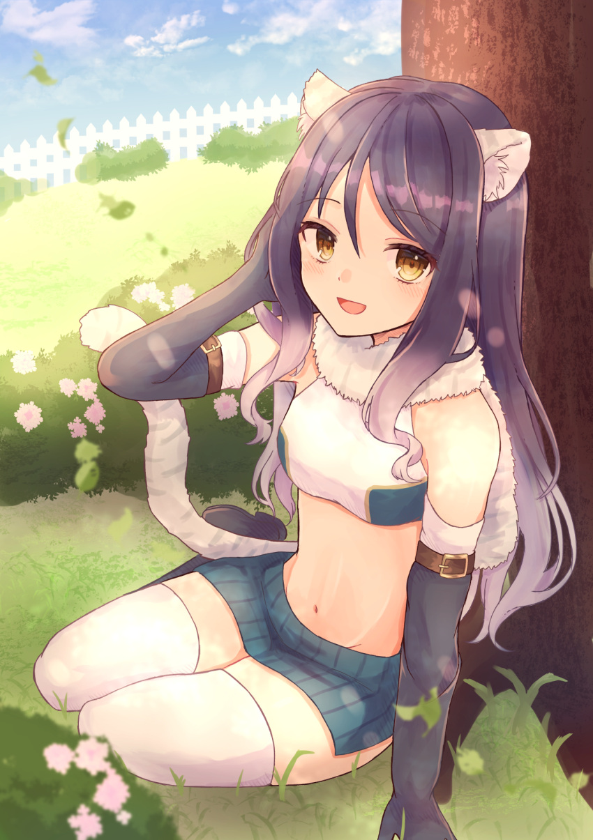 1girl :d animal_ear_fluff animal_ears arm_belt bandeau bangs bare_shoulders black_footwear black_gloves black_hair blush breasts bush capelet clouds cloudy_sky commentary_request day elbow_gloves eyebrows_visible_through_hair fence fur_capelet gloves grass green_skirt highres kono_july long_hair looking_at_viewer medium_breasts midriff miniskirt multicolored_hair navel open_mouth outdoors princess_connect! princess_connect!_re:dive shiori_(princess_connect!) sitting skirt sky smile solo stomach streaked_hair tail thigh-highs tiger_ears tiger_girl tiger_tail tree white_hair white_legwear yellow_eyes yokozuwari