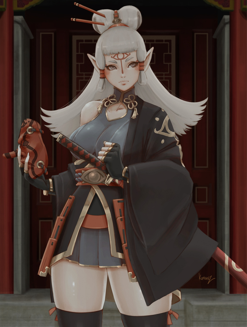 1girl architecture armor breasts east_asian_architecture fingerless_gloves gloves grey_eyes hair_ornament hair_stick highres japanese_armor japanese_clothes katana kumanz looking_to_the_side mask miniskirt paya_(zelda) pointy_ears skirt sword tengu_mask the_legend_of_zelda the_legend_of_zelda:_breath_of_the_wild thigh-highs thighs weapon white_hair
