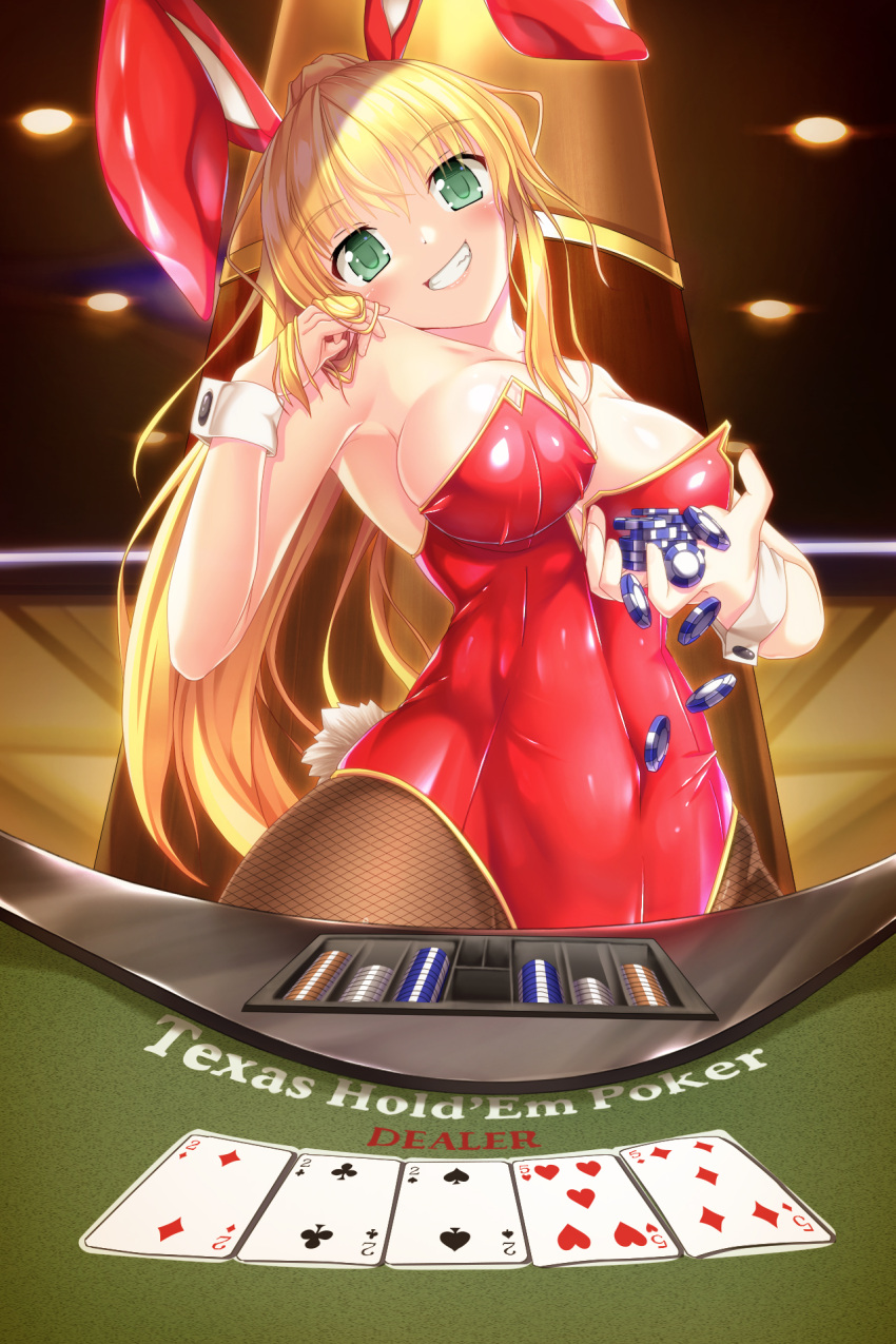 1girl animal_ears bangs bare_shoulders blonde_hair blush breasts bunny_girl bunny_tail card eyebrows_visible_through_hair fishnet_legwear fishnets high_ponytail highres large_breasts leotard long_hair looking_at_viewer original pantyhose playing_card poker_chip poker_table ponytail rabbit_ears rankiryuu smile solo strapless strapless_leotard tail teeth wrist_cuffs