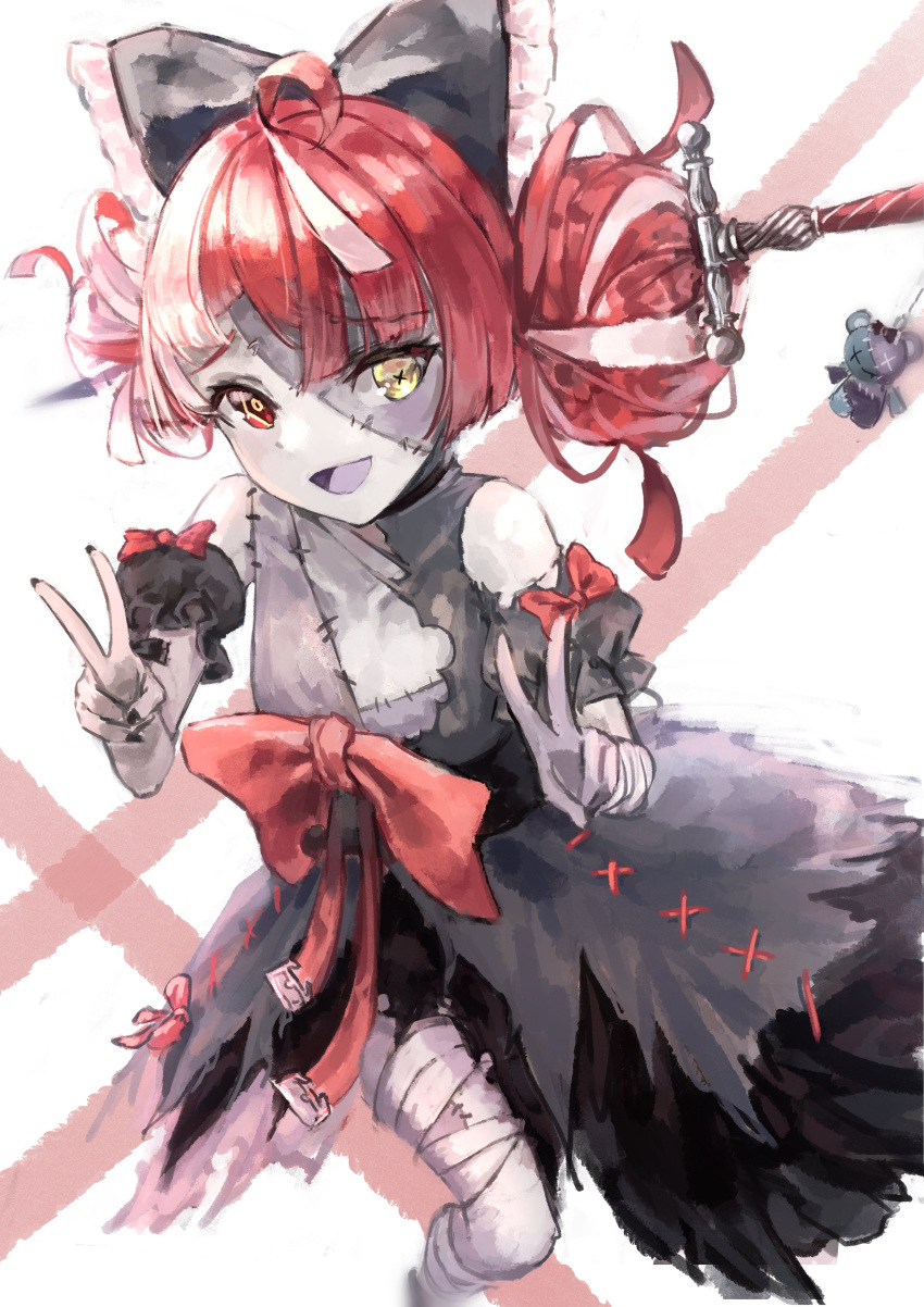 1girl absurdres bangs black_bow black_dress bow detached_sleeves double_bun double_v dress eyebrows_visible_through_hair hair_bow heterochromia highres hololive hololive_indonesia huge_bow kureiji_ollie looking_up open_mouth red_bow red_eyes smile solo sword symbol-shaped_pupils symbol_commentary v virtual_youtuber weapon yellow_eyes yu_hydra zombie