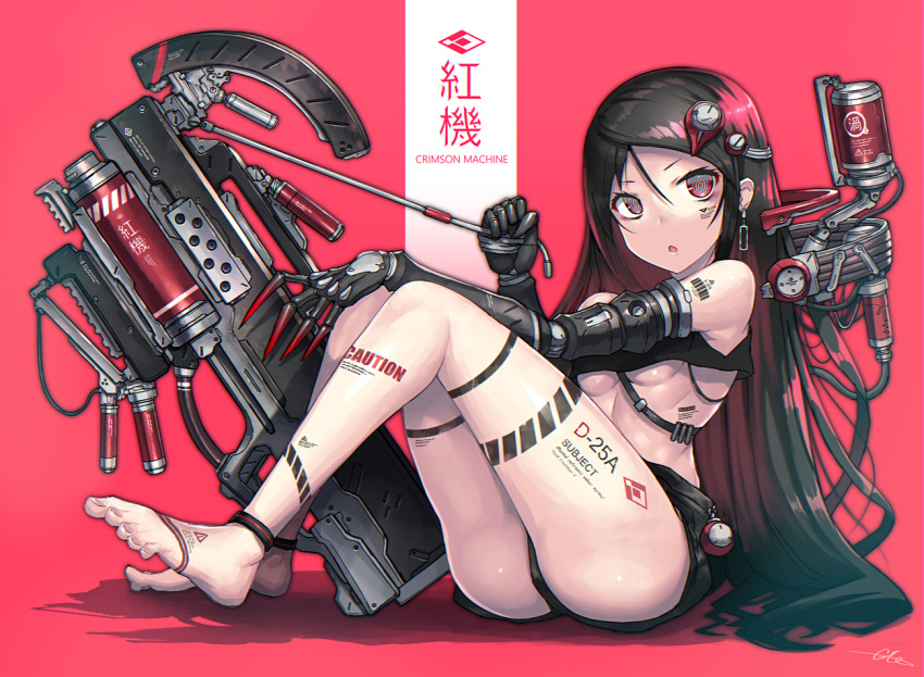 1girl arm_tattoo barcode_tattoo barefoot black_hair breasts chest_tattoo cyborg earrings facial_tattoo gia gun headgear heterochromia jewelry leg_tattoo long_hair looking_at_viewer mechanical_arms original red_background shorts sitting small_breasts solo tattoo under_boob weapon