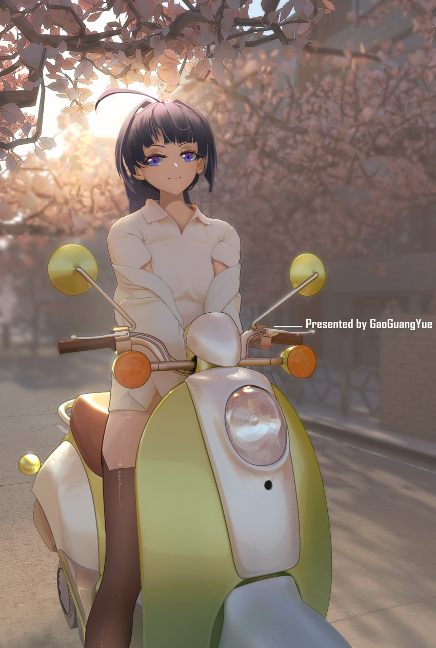 1girl absurdres artist_name bangs black_legwear blurry blurry_background closed_mouth commentary_request day depth_of_field gao_guangyue ground_vehicle highres honkai_(series) honkai_impact_3rd leaf long_hair looking_at_viewer motor_vehicle motorcycle outdoors ponytail purple_hair raiden_mei road shiny shiny_hair smile solo straddling sunlight thigh-highs tree violet_eyes