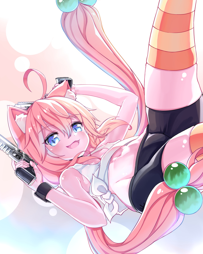 1girl absurdres ahoge animal_ear_fluff animal_ears armpits arms_up bike_shorts black_shorts blue_eyes breasts cat_ears cat_girl chinese_commentary commentary_request dual_wielding fang gun hair_bobbles hair_ornament handgun highres hinata_channel holding legs legs_up long_hair low_twintails mismatched_legwear navel nekomiya_hinata open_mouth orange_legwear pink_hair shirt_lift short_shorts shorts small_breasts smile solo striped striped_legwear tank_top thigh-highs thighs twintails very_long_hair virtual_youtuber weapon white_tank_top wuhuo