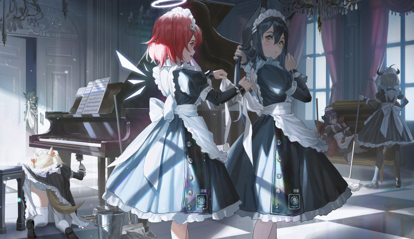 absurdres animal_ear_fluff animal_ears apron arknights blue_hair couch croissant_(arknights) demon_horns detached_wings energy_wings exusiai_(arknights) fallen_angel halo highres horns instrument long_hair maid maid_apron maid_headdress mostima_(arknights) panties penguin_logistics_(arknights) penguin_logistics_logo piano redhead short_hair sora_(arknights) tail texas_(arknights) ttk_(kirinottk) underwear wings wolf_ears