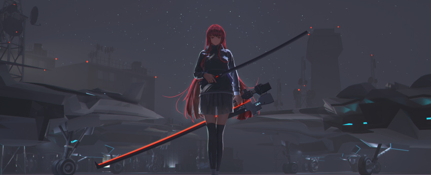 :3 absurdres aircraft bangs black_legwear commentary_request eyebrows_visible_through_hair feet_out_of_frame gao_guangyue highres holding holding_sword holding_weapon long_hair looking_at_viewer pleated_skirt punishing:_gray_raven red_eyes redhead skirt sky standing star_(sky) starry_sky sweater sword thigh-highs turtleneck turtleneck_sweater vera_(punishing:_gray_raven) very_long_hair weapon wide_shot