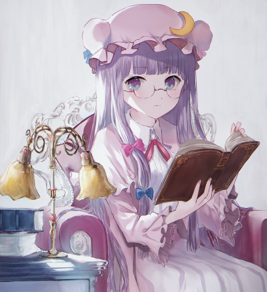 1girl absurdres armchair bangs blunt_bangs book book_stack bun_cover capelet chair closed_mouth collared_shirt crescent desk_lamp dress expressionless eyebrows_visible_through_hair feet_out_of_frame glasses happiness_lilys hat highres holding holding_book lamp long_hair long_sleeves looking_at_viewer mob_cap neck_ribbon open_book patchouli_knowledge pink_headwear purple_hair red_neckwear red_ribbon ribbon shirt sidelocks sitting solo striped touhou vertical_stripes very_long_hair violet_eyes wall white_dress