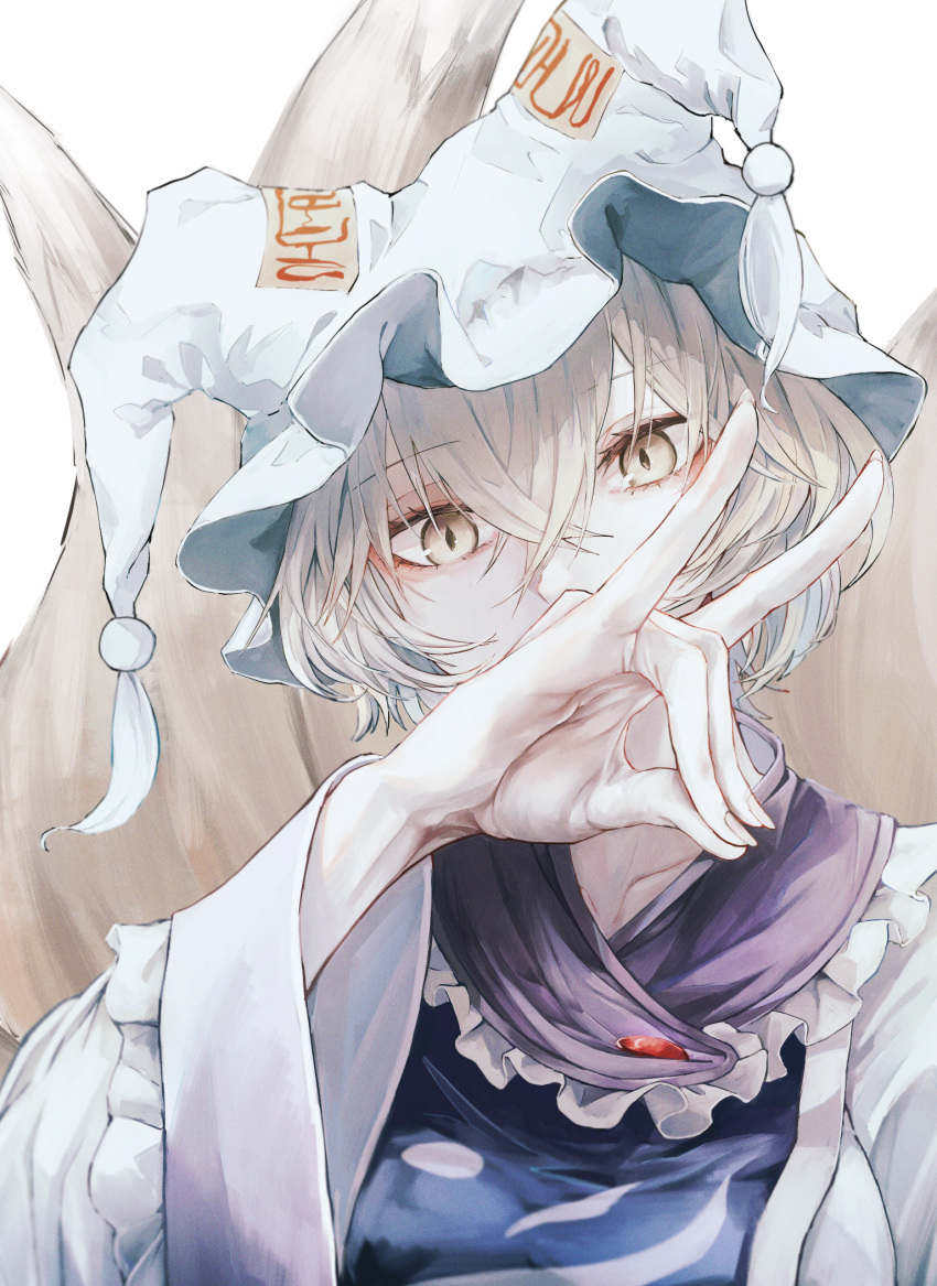 1girl blonde_hair commentary_request dress fox_shadow_puppet fox_tail hat highres looking_at_viewer multiple_tails pillow_hat safutsuguon short_hair simple_background solo tabard tail tassel touhou upper_body white_background white_dress white_headwear yakumo_ran