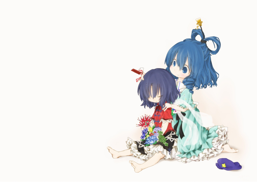 2girls aqua_dress bangs barefoot black_neckwear black_ribbon black_skirt blue_eyes blue_hair bouquet cabbie_hat chibi closed_eyes comb commentary_request dress drill_locks eyebrows_visible_through_hair feet flat_chest flower hagoromo hair_between_eyes hair_ornament hair_rings hair_stick hand_on_another's_head hand_on_another's_shoulder hat hat_ornament hat_removed headwear_removed holding holding_bouquet kaku_seiga kneeling looking_at_another miyako_yoshika multiple_girls neck_ribbon negative_space ofuda petticoat puffy_short_sleeves puffy_sleeves purple_hair purple_headwear red_shirt ribbon shawl shirt short_hair short_sleeves simple_background skirt star_(symbol) star_hat_ornament tisha_(kimagurenukosan) touhou vest white_background white_vest