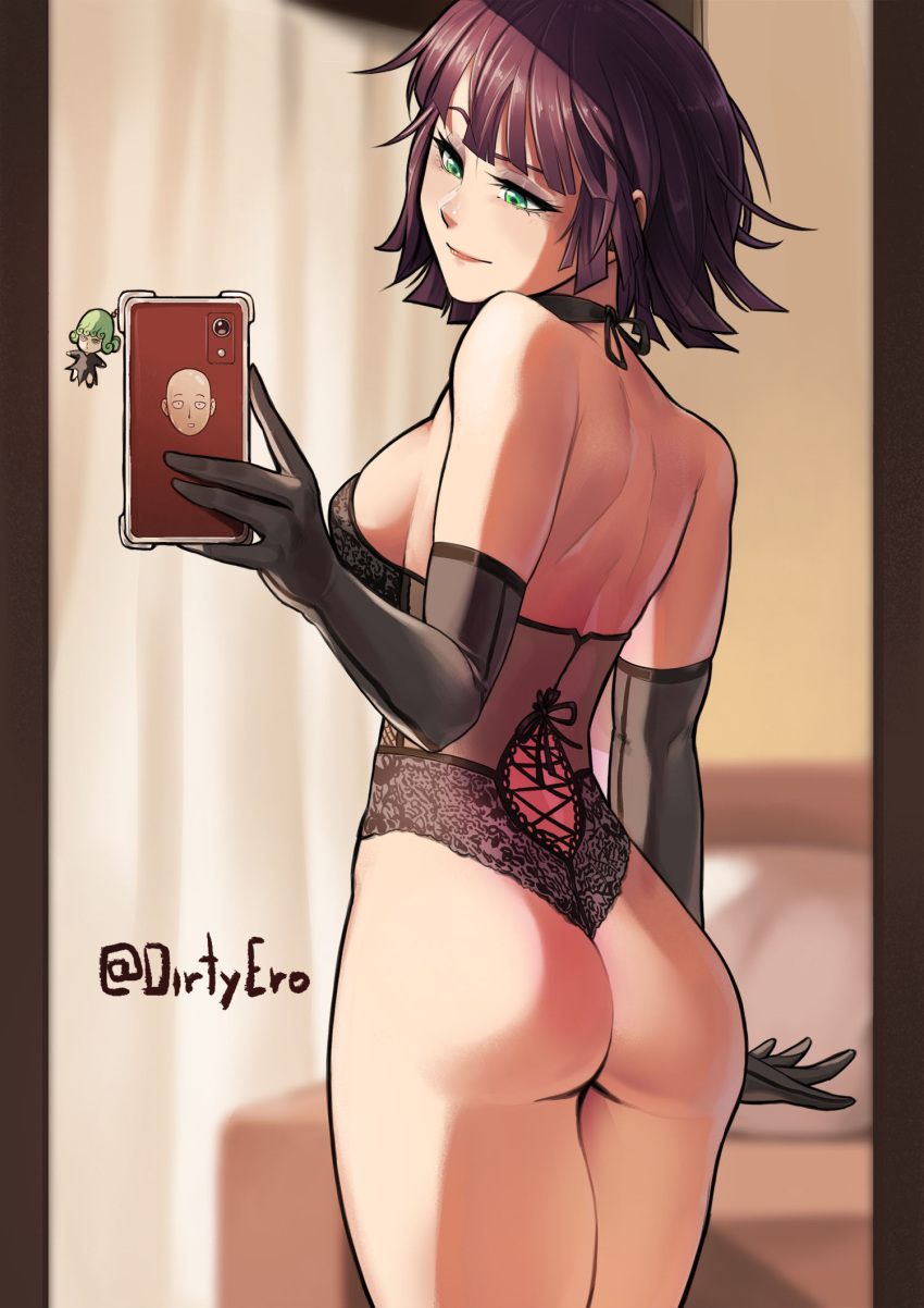 1girl ass bare_shoulders bed black_gloves blurry blurry_background breasts brown_hair dirty_ero elbow_gloves fubuki_(one-punch_man) gloves green_eyes highres lingerie one-punch_man pillow saitama_(one-punch_man) self_shot solo standing tatsumaki twitter_username underwear